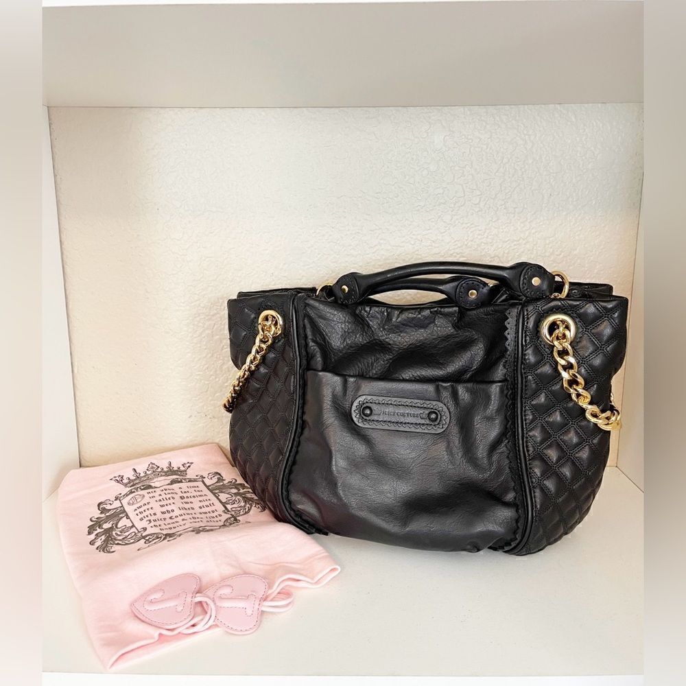 Juicy Couture Y2K black Leather Trim large shoulder purse Tote with dust bag - Picture 2 of 14